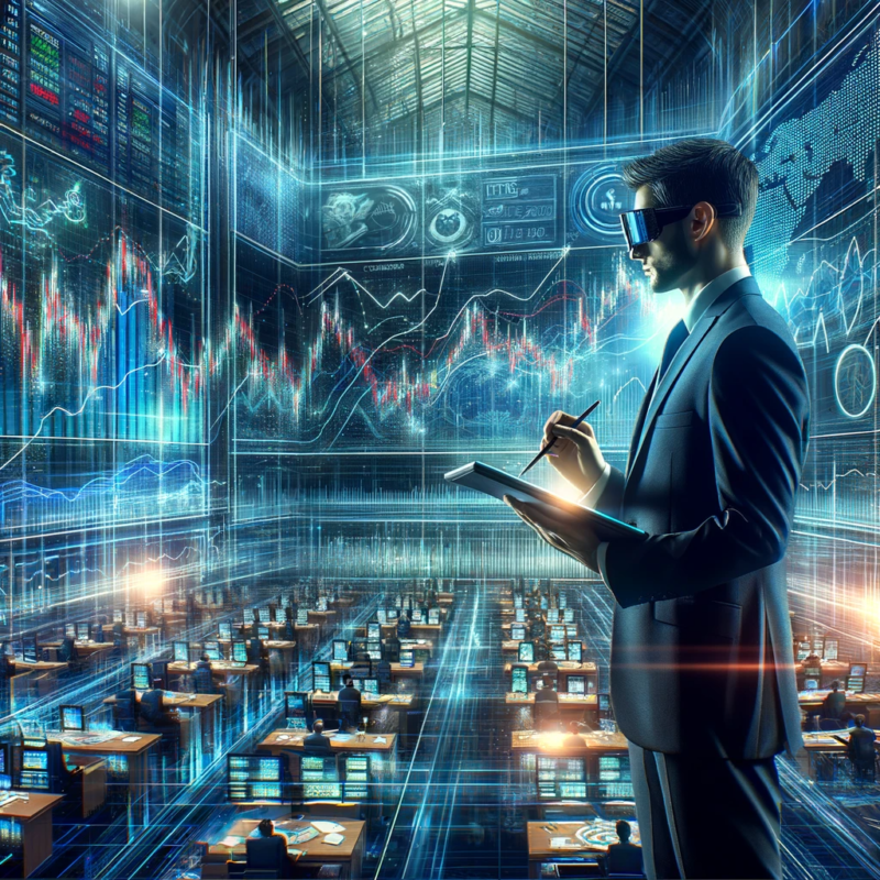 Illustration dynamique des ETF avec un globe entouré de symboles financiers, des personnages variés observant les marchés et des bâtiments financiers en arrière-plan.