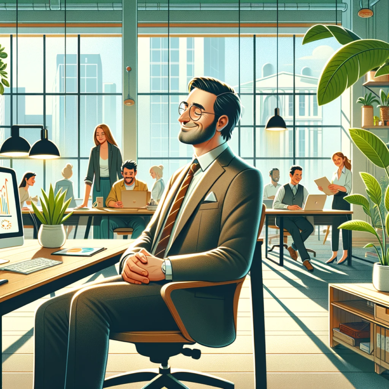 Homme d'affaires souriant dans un bureau moderne, entouré d'employés heureux, symbolisant le bien-être au travail.