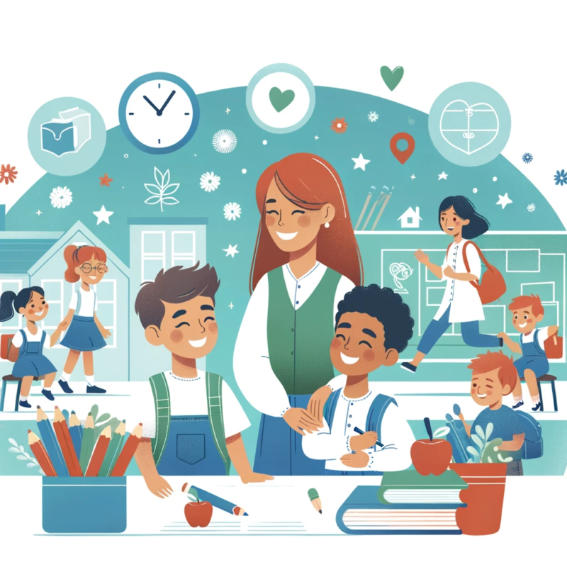 Image représentant le bien-être à l'école avec des enseignants et élèves souriants dans un environnement d'apprentissage collaboratif et soutenant.
