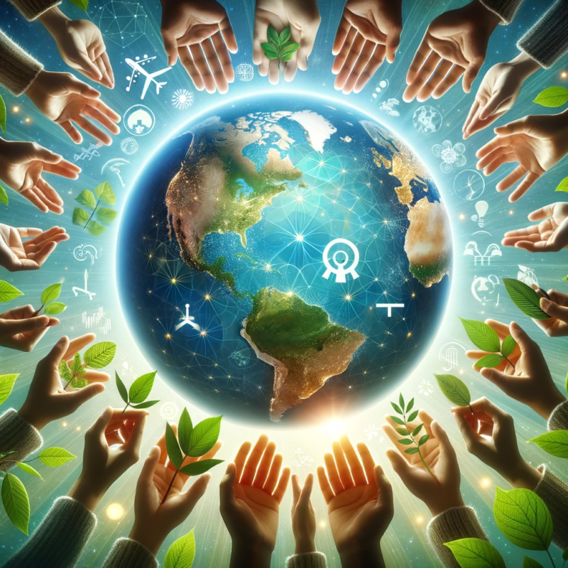 Image représentant le bien-être mondial avec des mains unies autour d'un globe, des feuilles vertes et des lumières douces, symbolisant l'unité, la croissance et l'espoir.